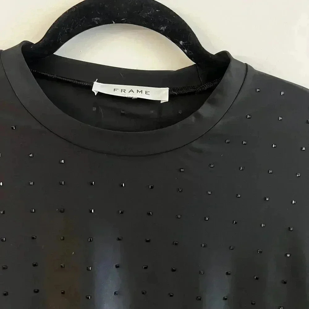 FRAME Women's Cropped Long Sleeve Rhinestone Top Size Small Color Black - Picture 5 of 8